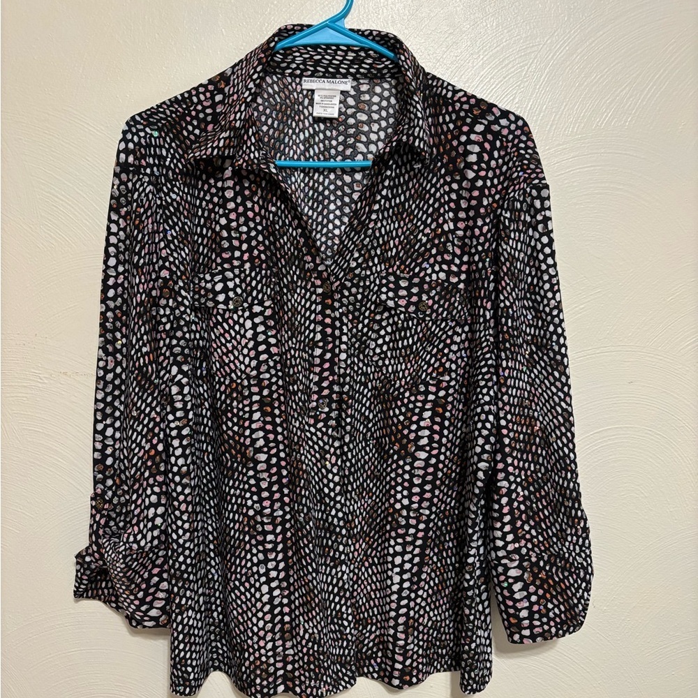 Rebecca Malone XL Black Pink Abstract Print Button Down Blouse Stretch